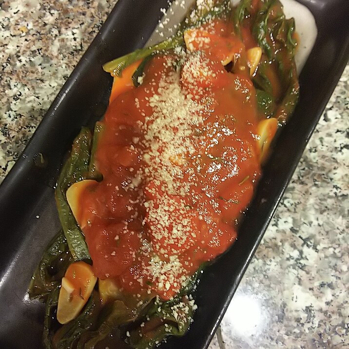 鯖とチンゲン菜のイタリアントマト煮